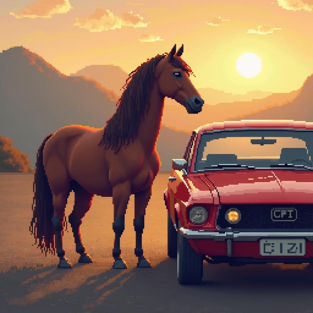 Pixel Horse Beside a Red Car at Dusk