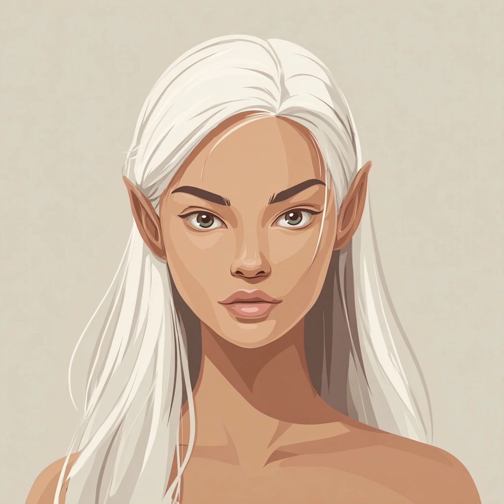 Vector illustration of a portrait of a cute elf female, neutral expression. frontal view