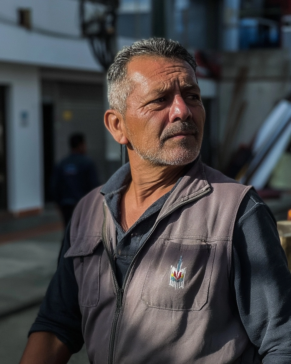 Very casual, unplanned smartphone photo of an Ecuadorian worker wearing a functional work vest with
