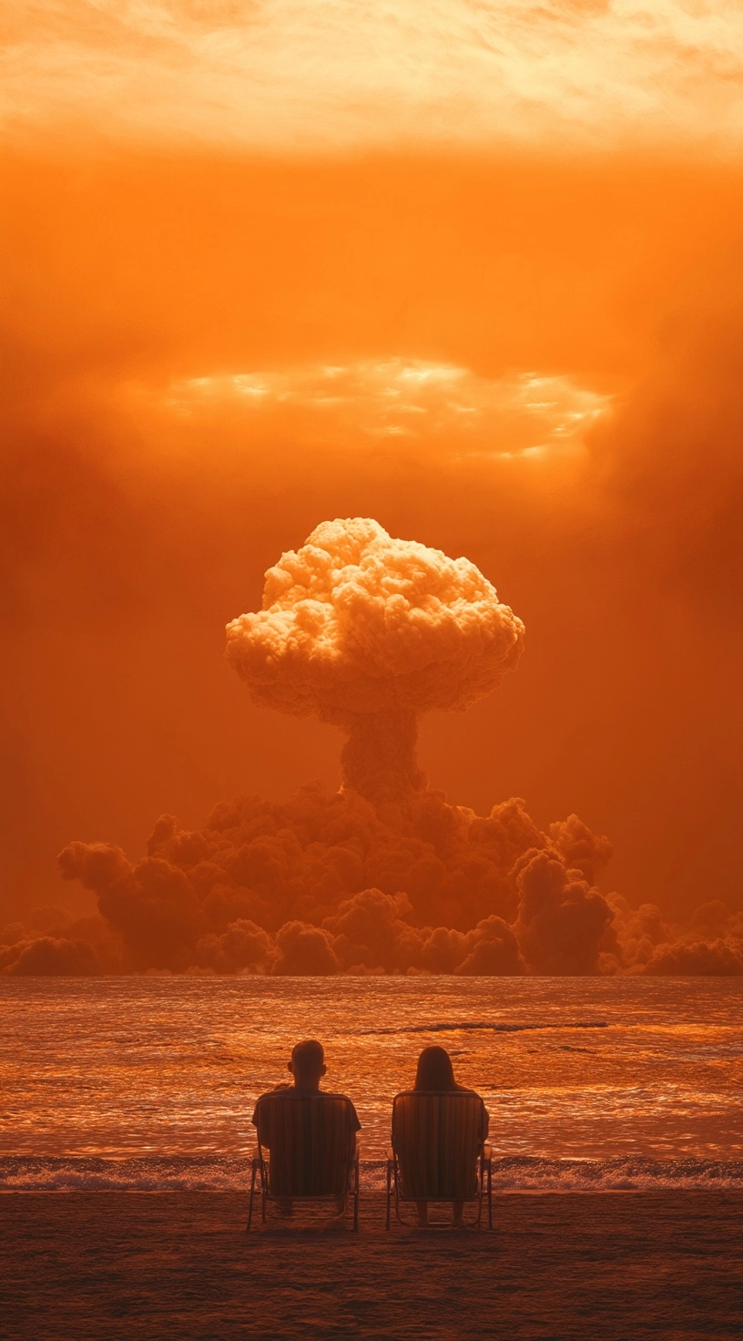A nuclear explosion over the water, a mushroom cloud in front of them. a man and woman sit on lawn c
