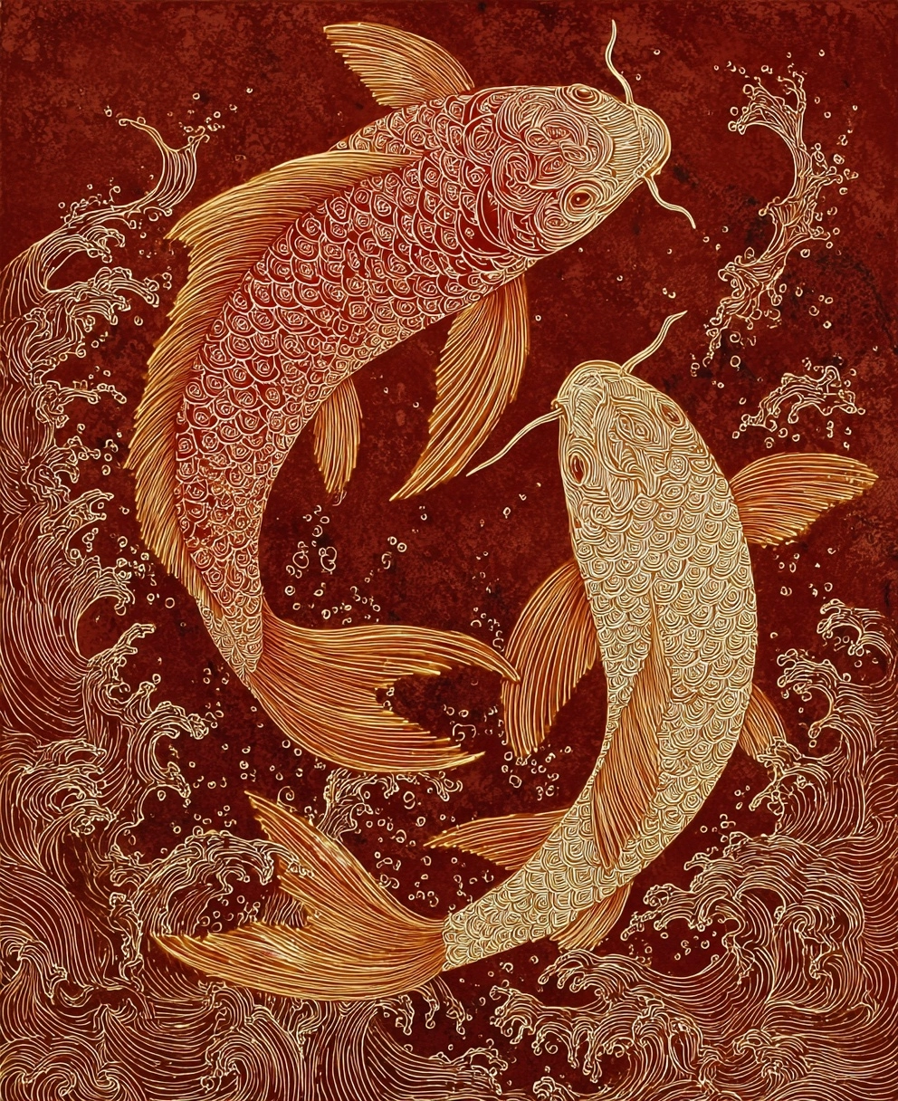 A Pysley-style painting. Two large koi. The patterns on the koi’s bodies are intricate and decorativ