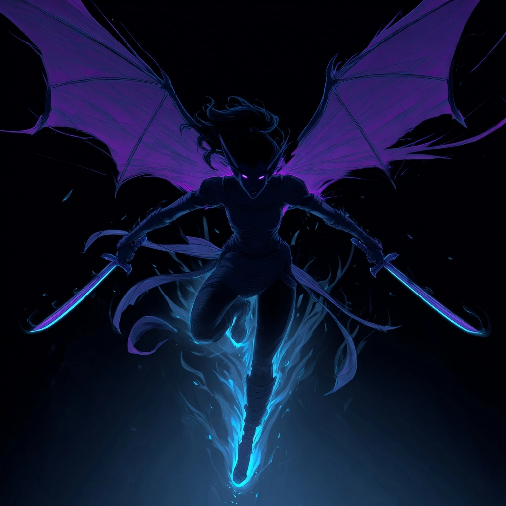 A void elf demon hunter with glowing blue purple bat wings charging towards you with swords in hand