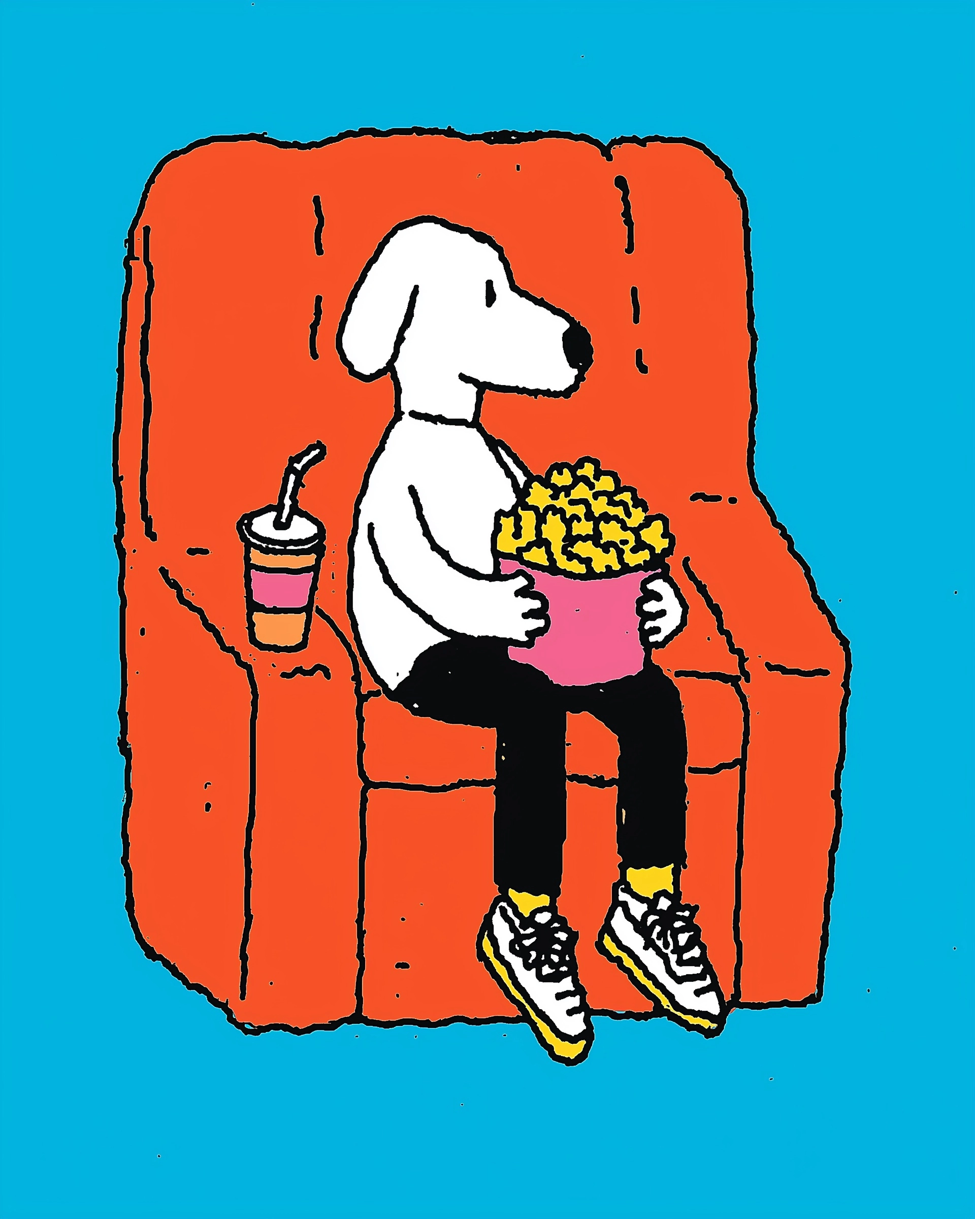 An anthropomorphic cartoon dog sitting in a cinema seat on a soft red seat