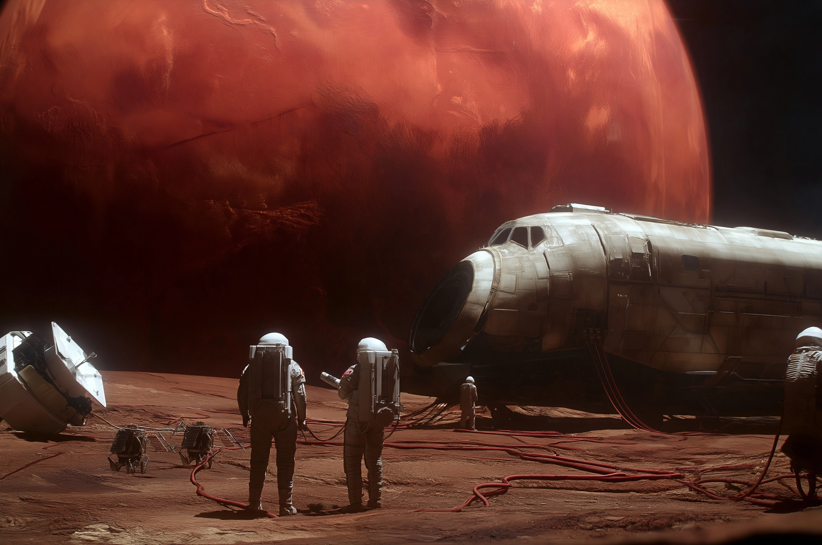 Concept art depicting astronauts on the surface of an alien planet