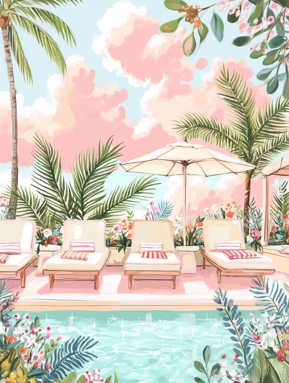 Cute pastel illustrated poolside cabana scene, soft lounge chairs with striped towels