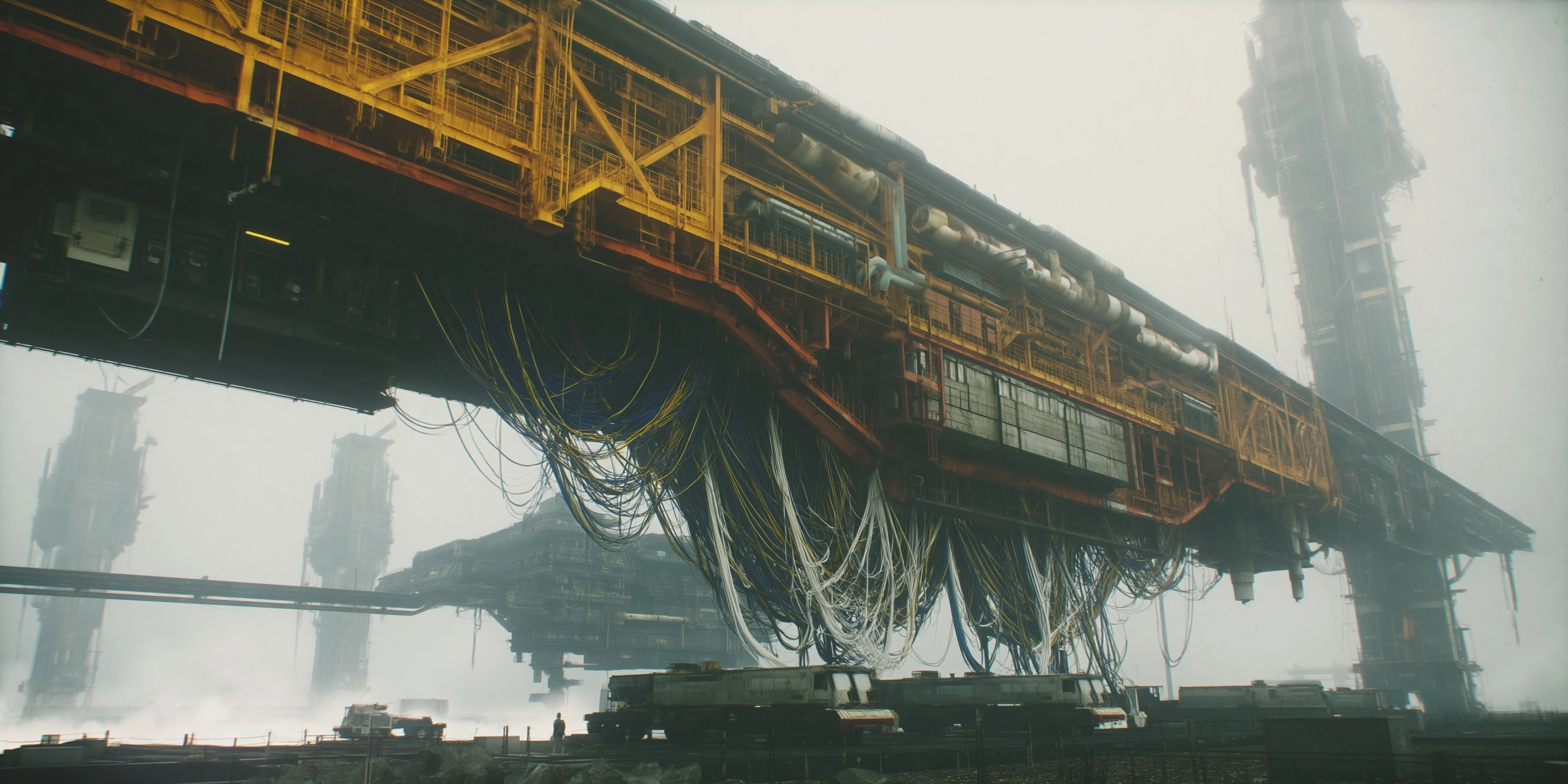 Massive horizontal industrial loading facility, yellow and orange structural framework
