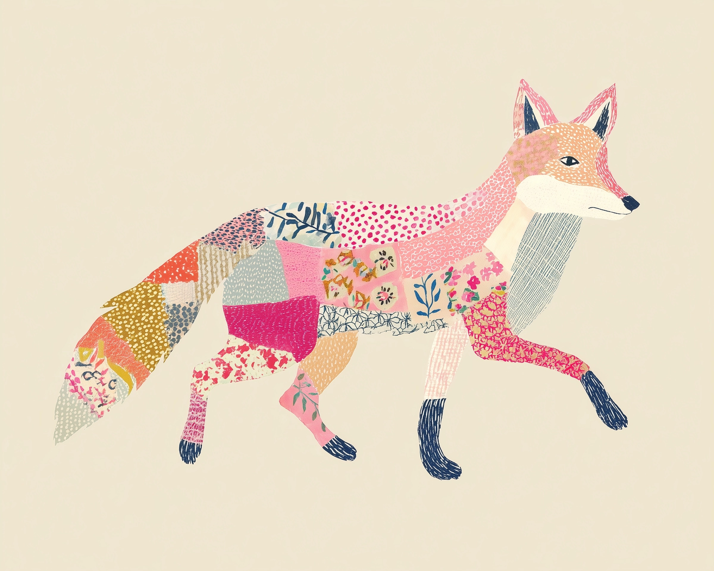Patchwork illustration of a baby fox in movement, intricate textile patterns, neutral colors