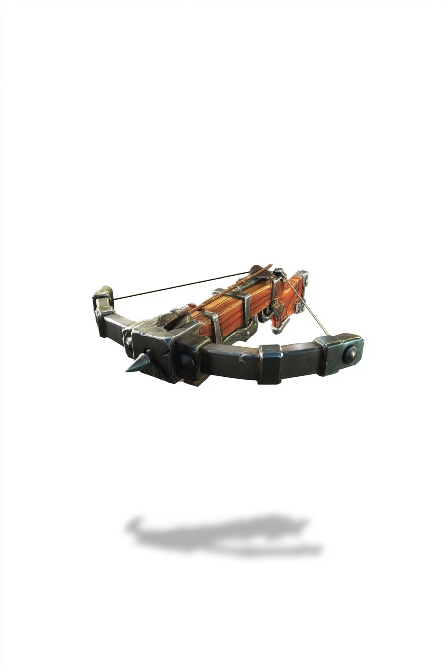 Realistic crossbow hovering in air, detailed wood and metal body, taut string, crafted bolts