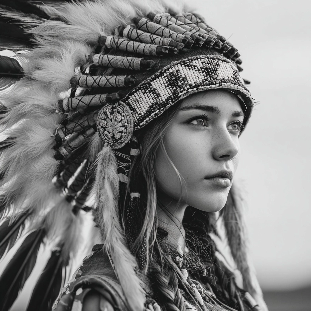 Woman girl with native headdress looking slightly to the side