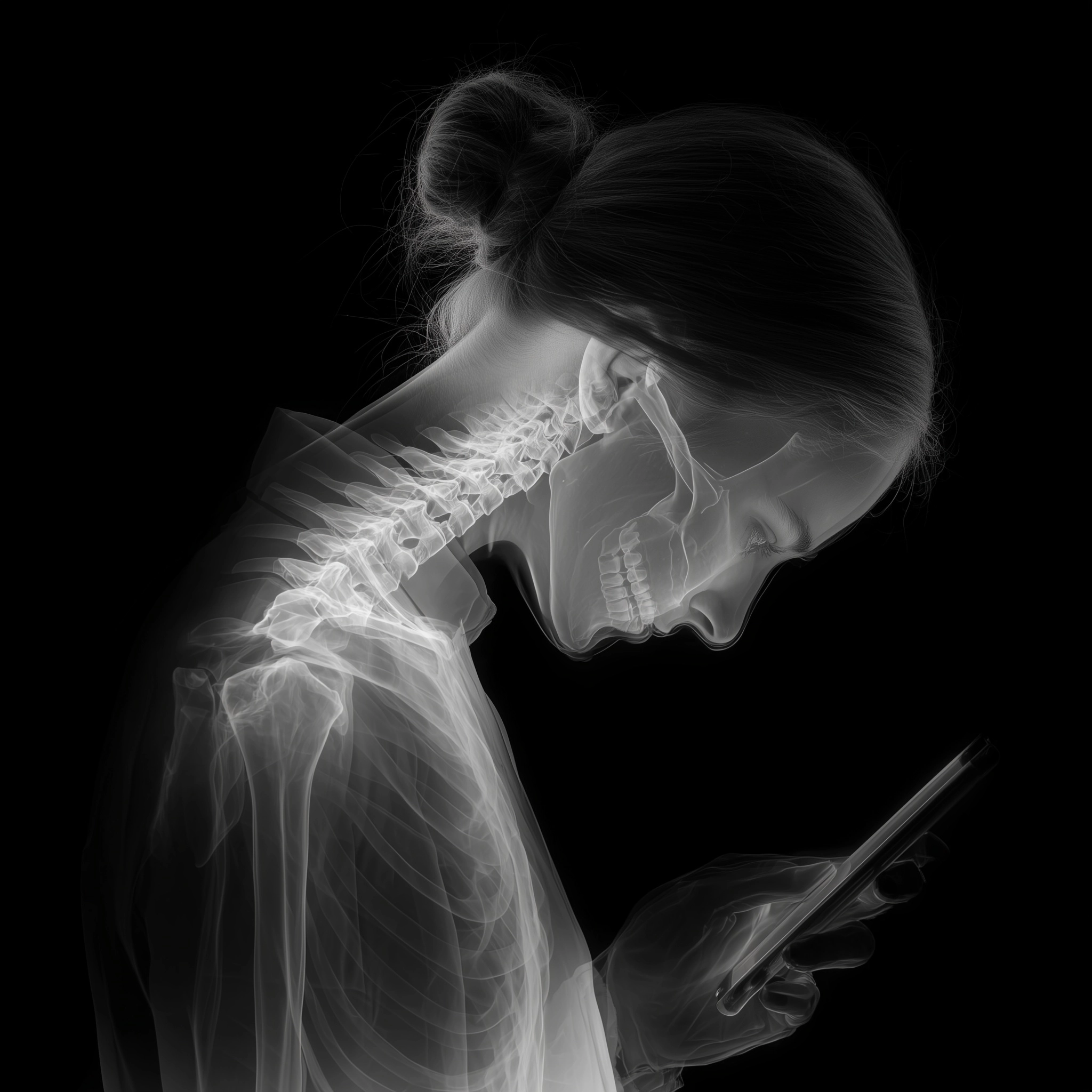 Xray of a woman in her phone bending down showing her text neck syndrome