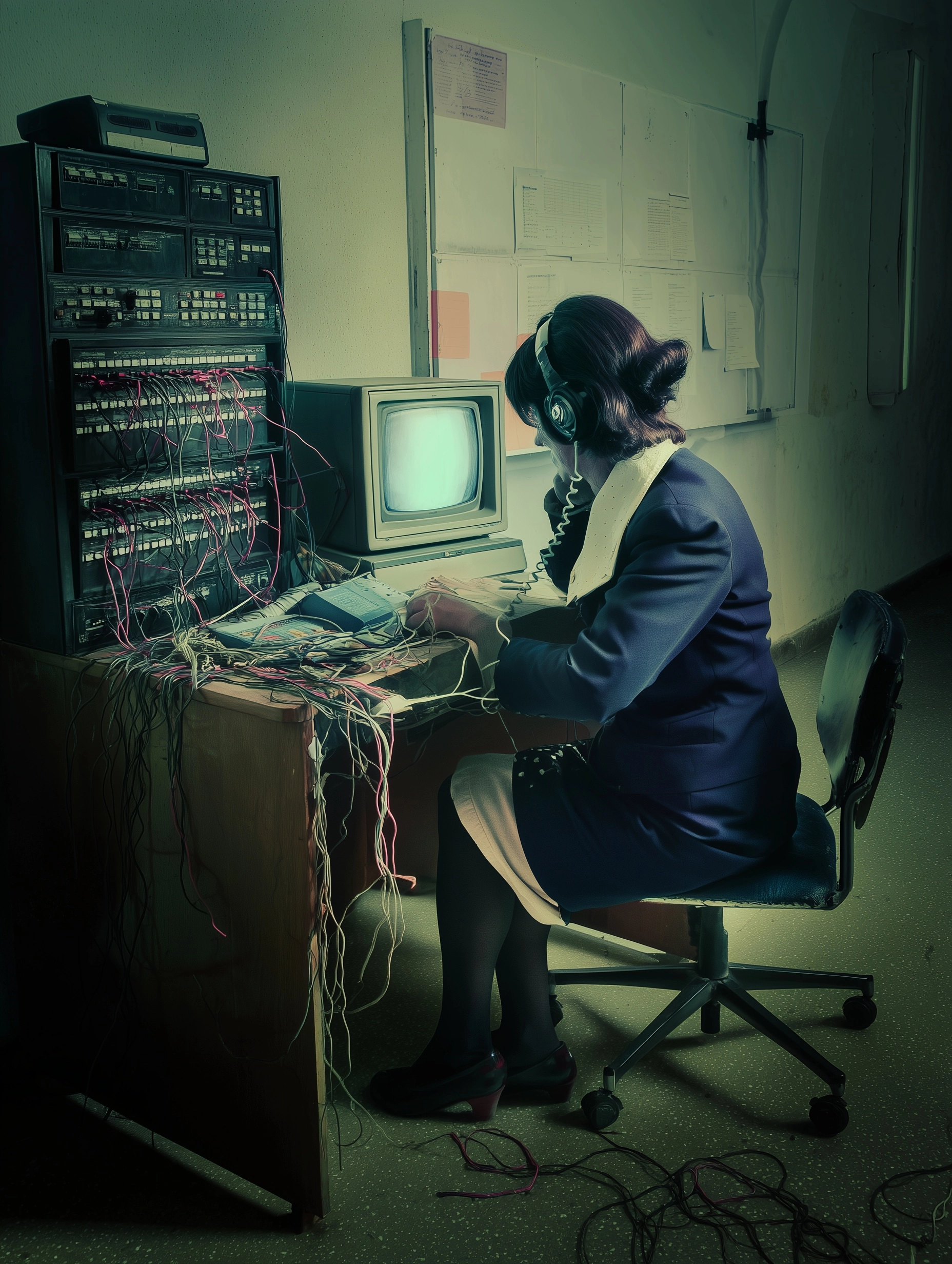 1972 cluttured Greek telecommunications local island office. A 63-year-old Greek woman