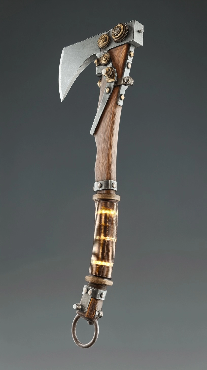 A frontier style hatchet weapon, metal blade, hexagonal shaped wooden handle with a glowing electrom