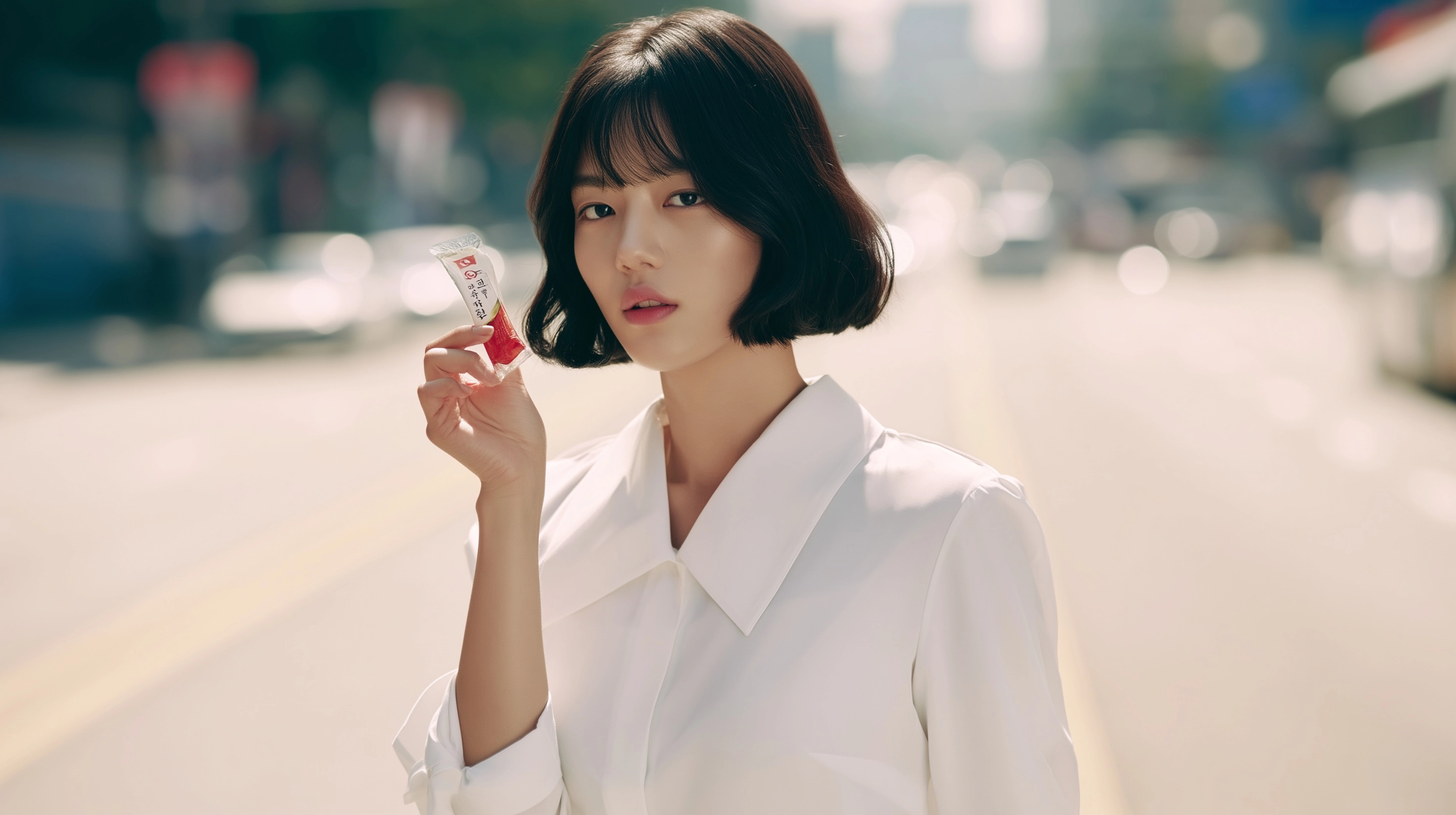 A Korean woman in her early 20s. Small compact oval face, slightly wide cheekbones