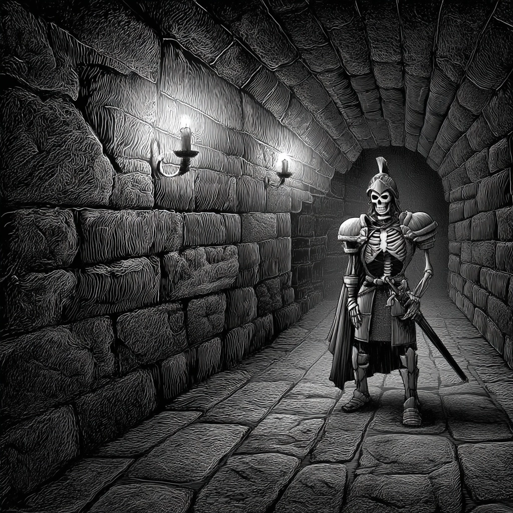 A skeleton warrior in a monochrome dungeon
