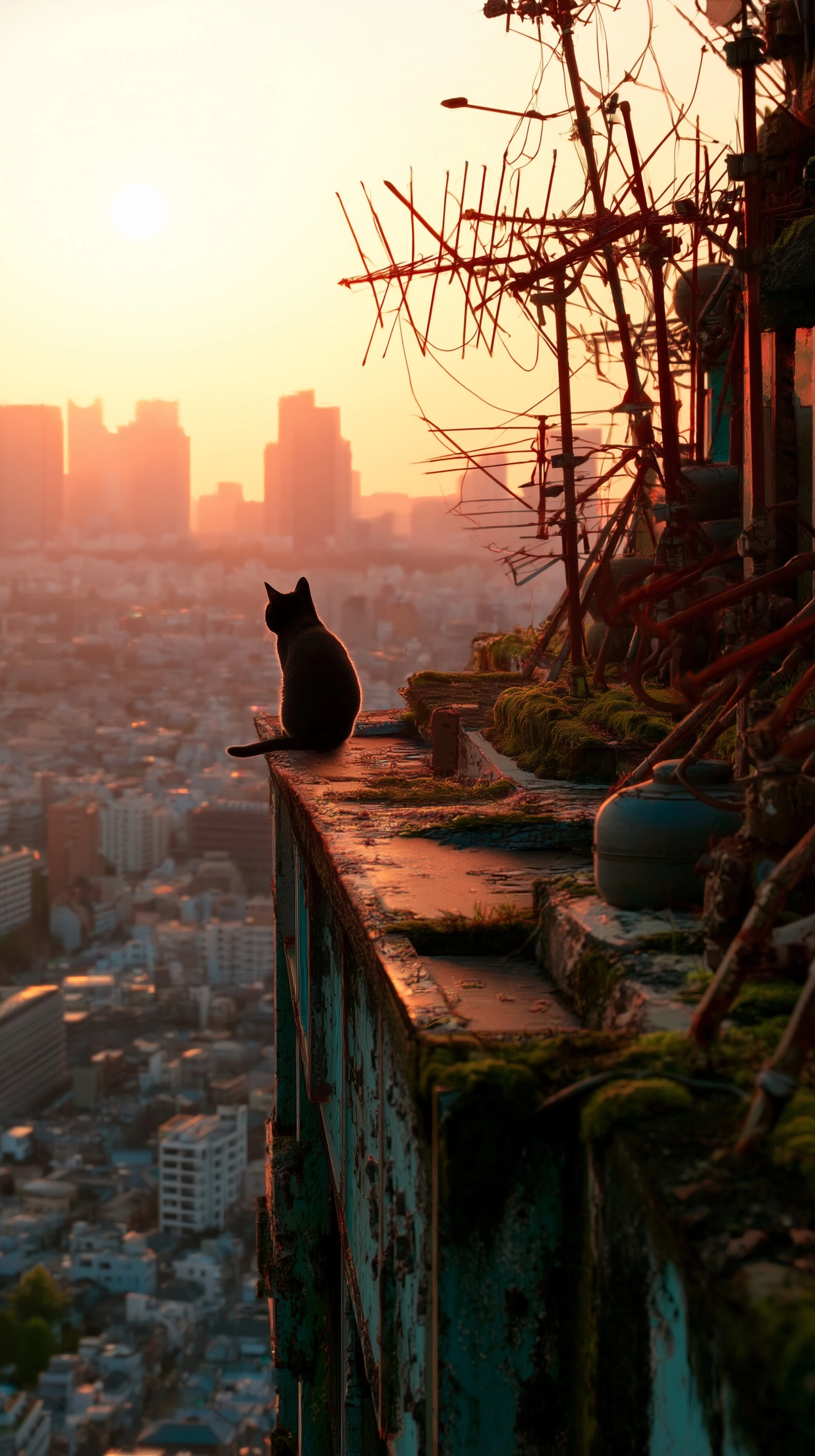 A small black cat sitting confidently on the edge of a decaying skyscraper rooftop