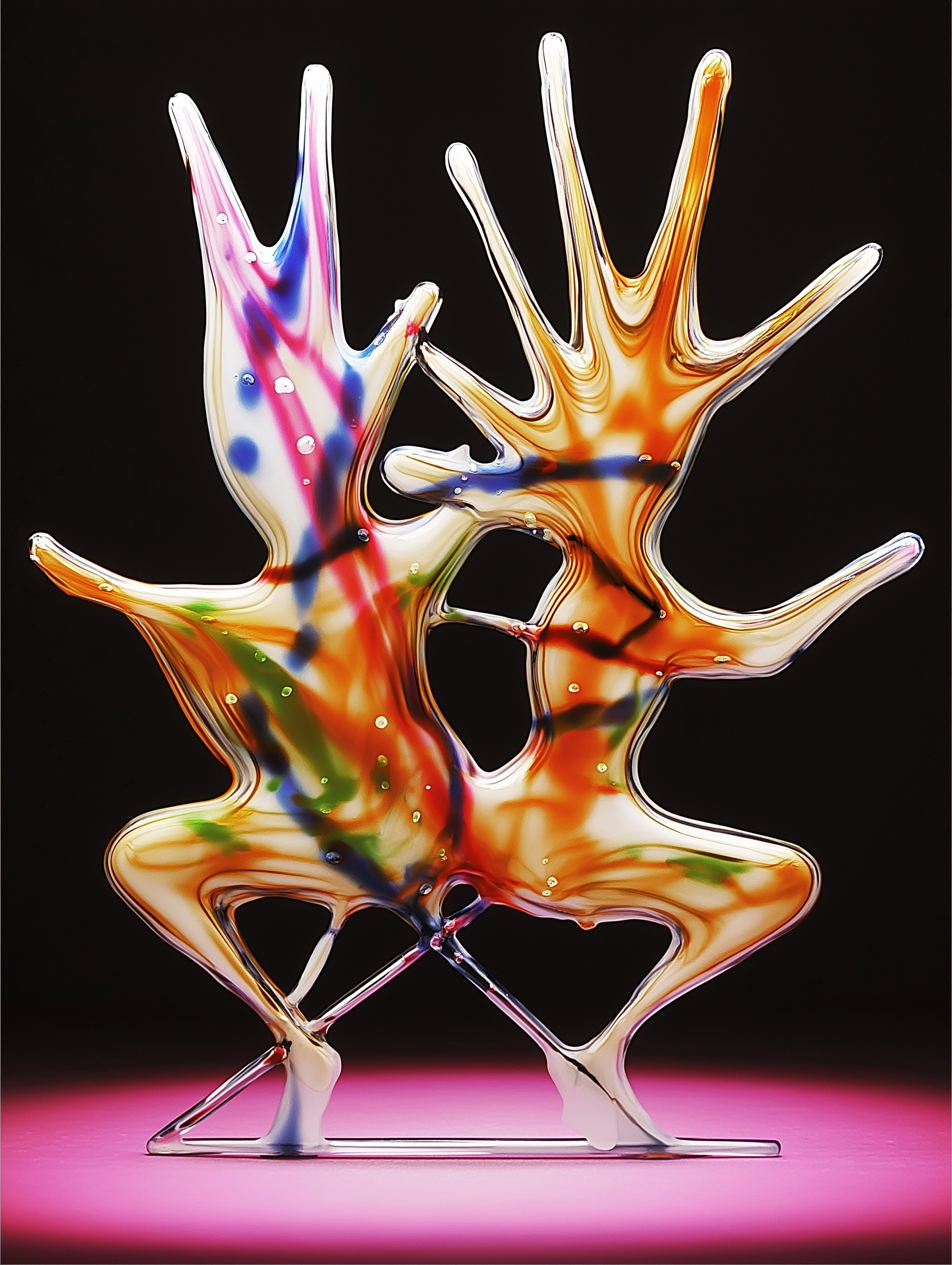 A vibrant shot in hot pink, yellow, and orange depicting two abstract figures dancing with 3D depth.