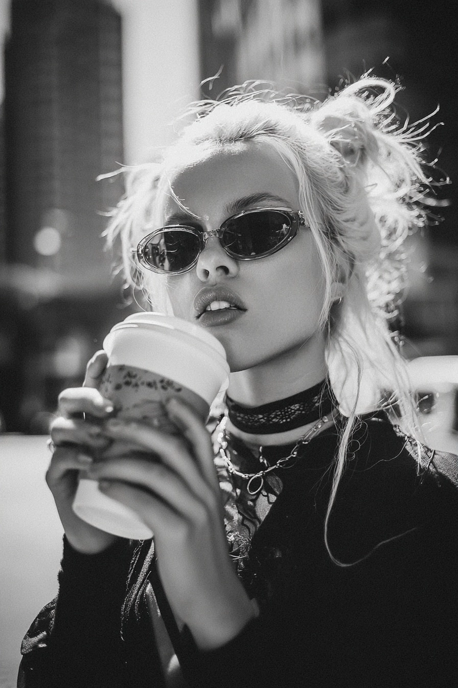 B and W image, high fashion editorial, backcombed blonde hair, obscure angles