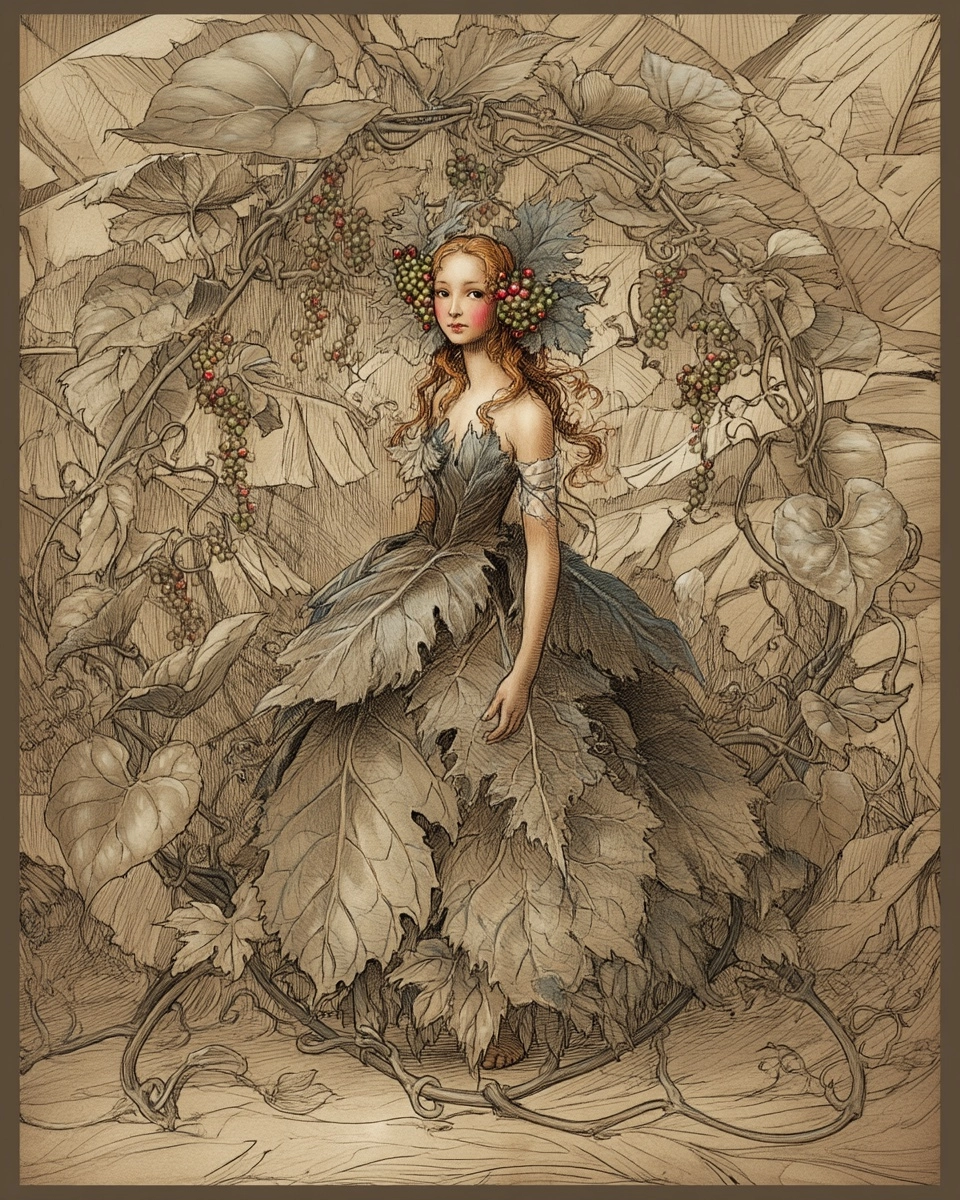 Black Pepper spirit fairy of the Malabar Coast trade route, in the style of Cicely Mary Barker