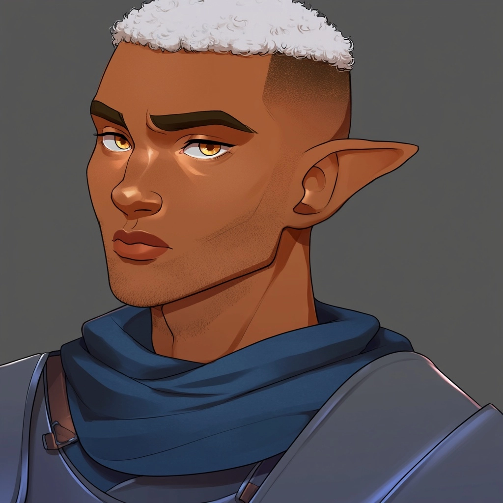 Fantasy painterly illustration / semirealistic, of a black male, white curly buzz cut, warm skin