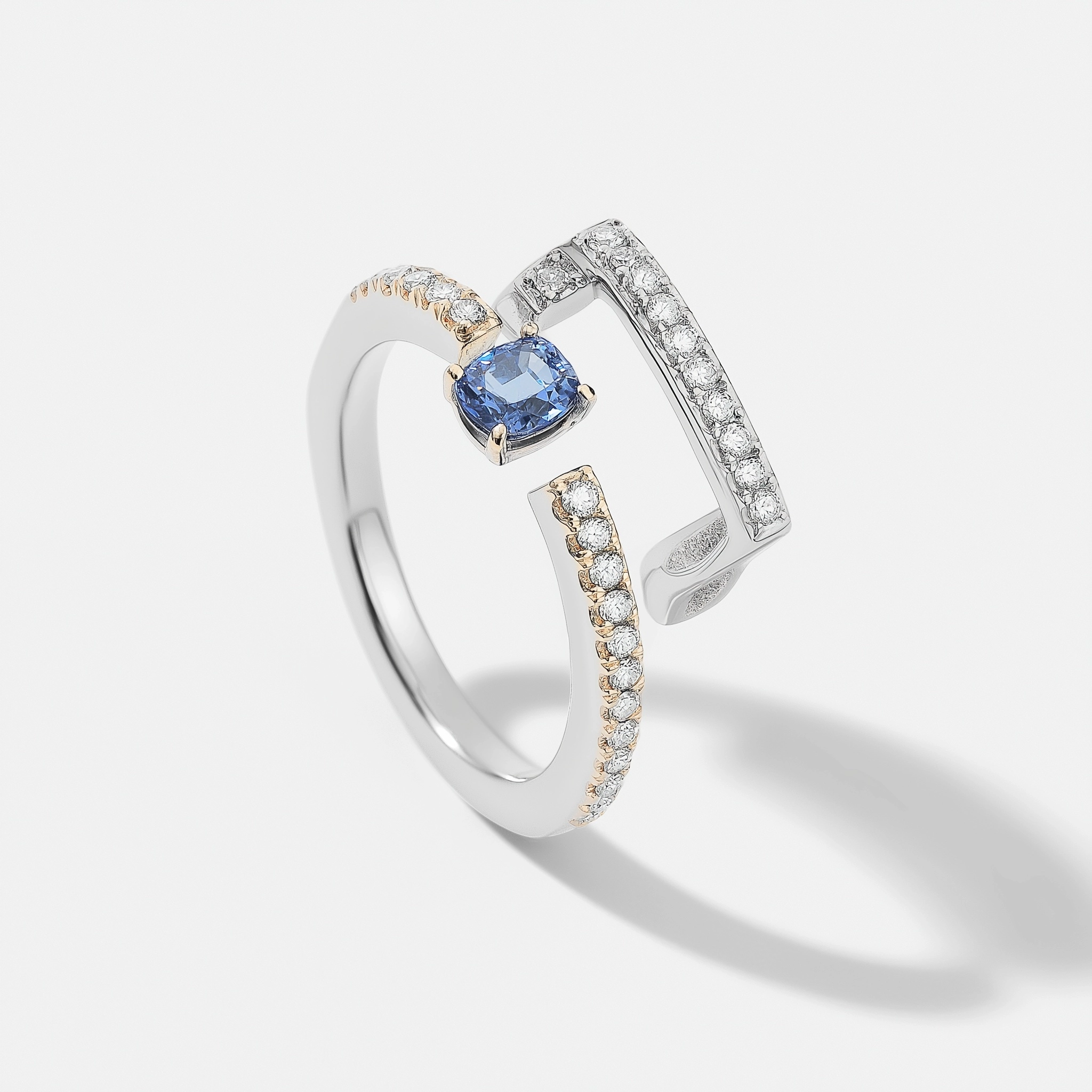 Fine jewellery ring, open rectangular pavé frame in white gold
