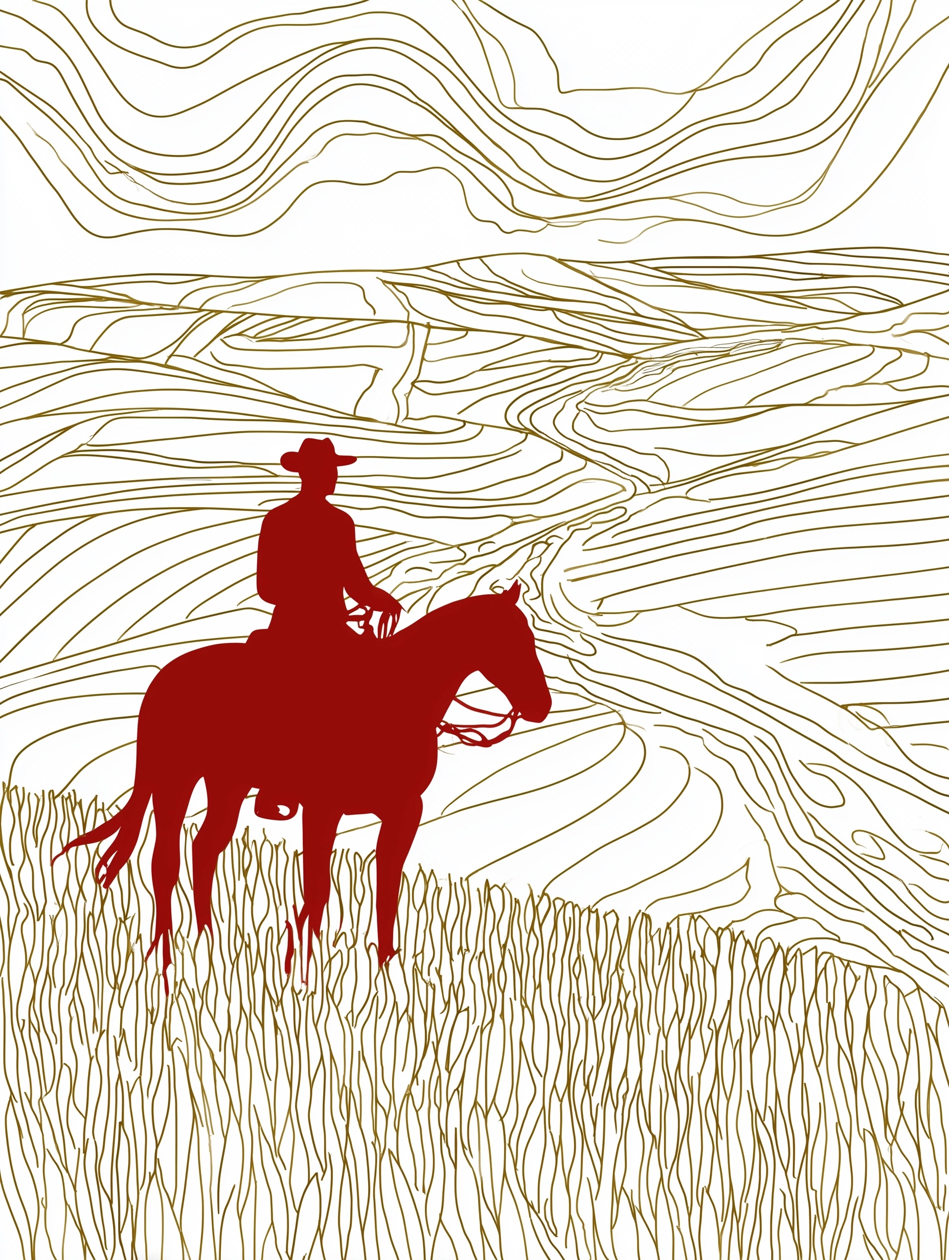 Flat 2D poster illustration, Don River landscape, wide steppe, Cossack rider silhouette