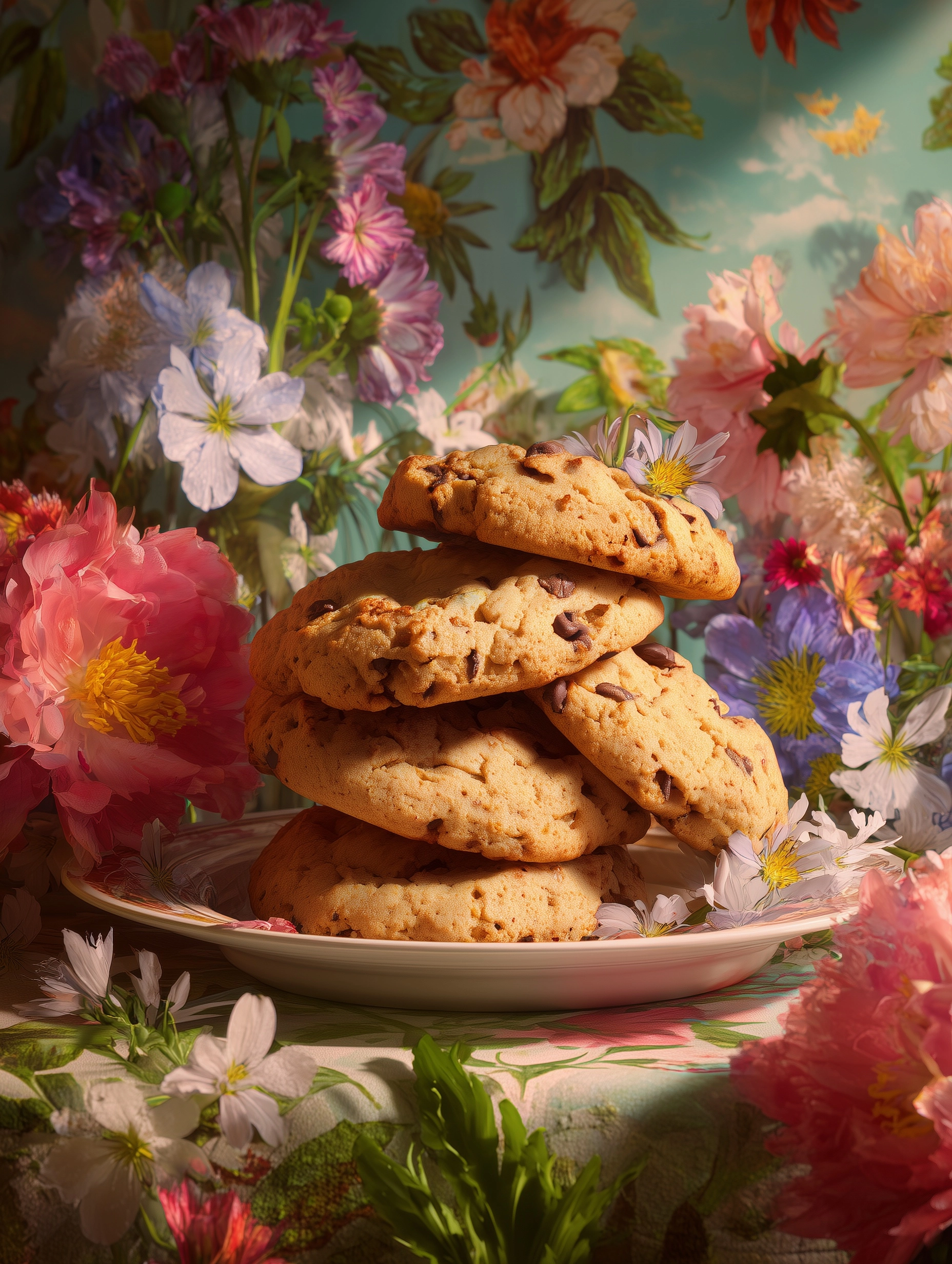 Fresh baked cookies in a floral spring environment