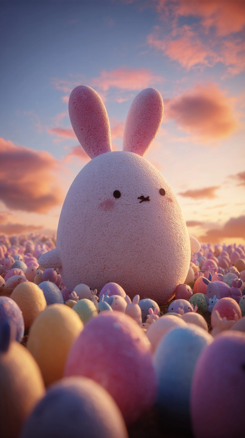 Giant eater egg super colourful amazing sky lots of cute rabbits cinematic photo real