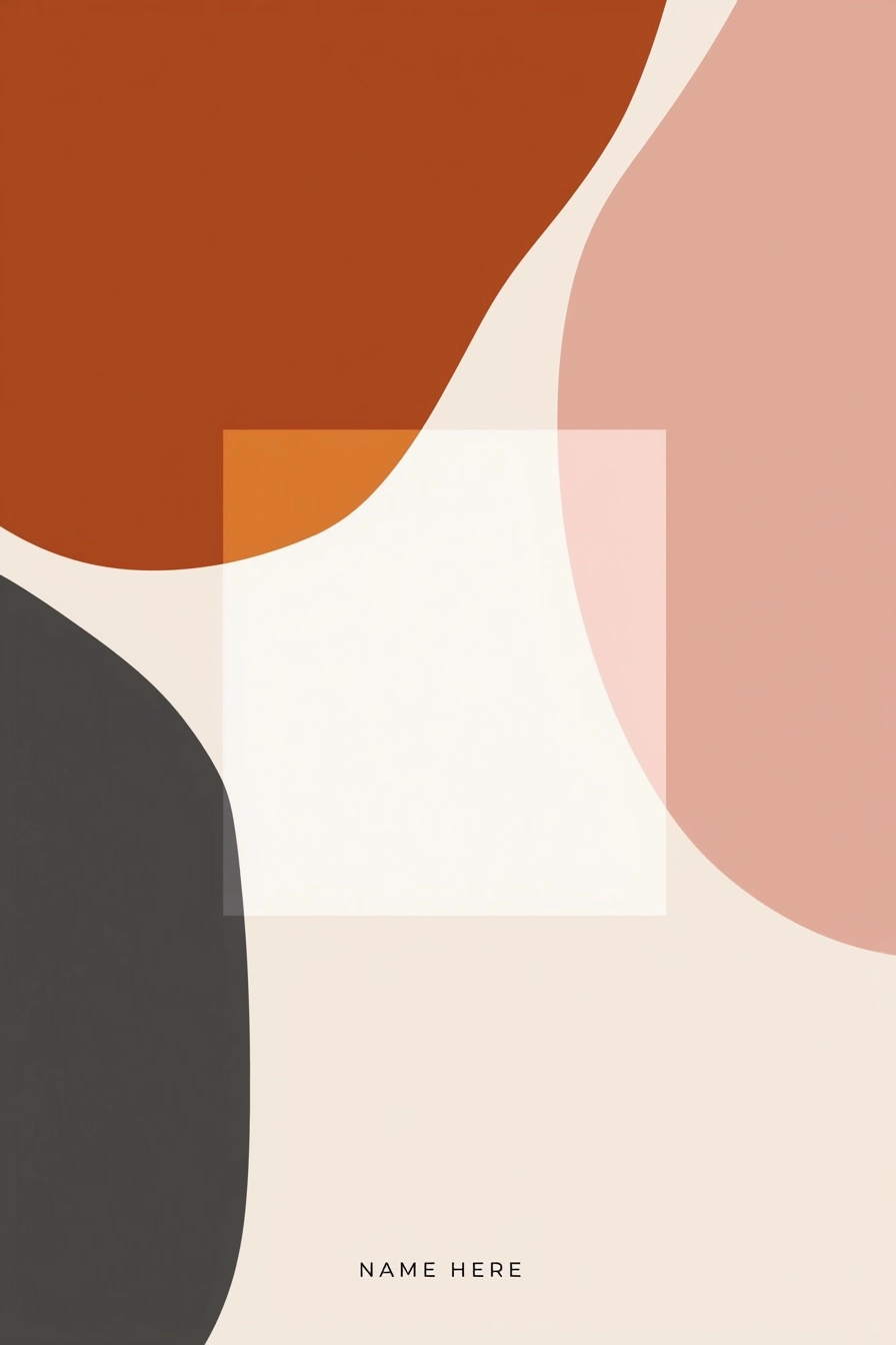 Organic color blocks (rust, blush, cream, charcoal), center geometric shape reserved for name
