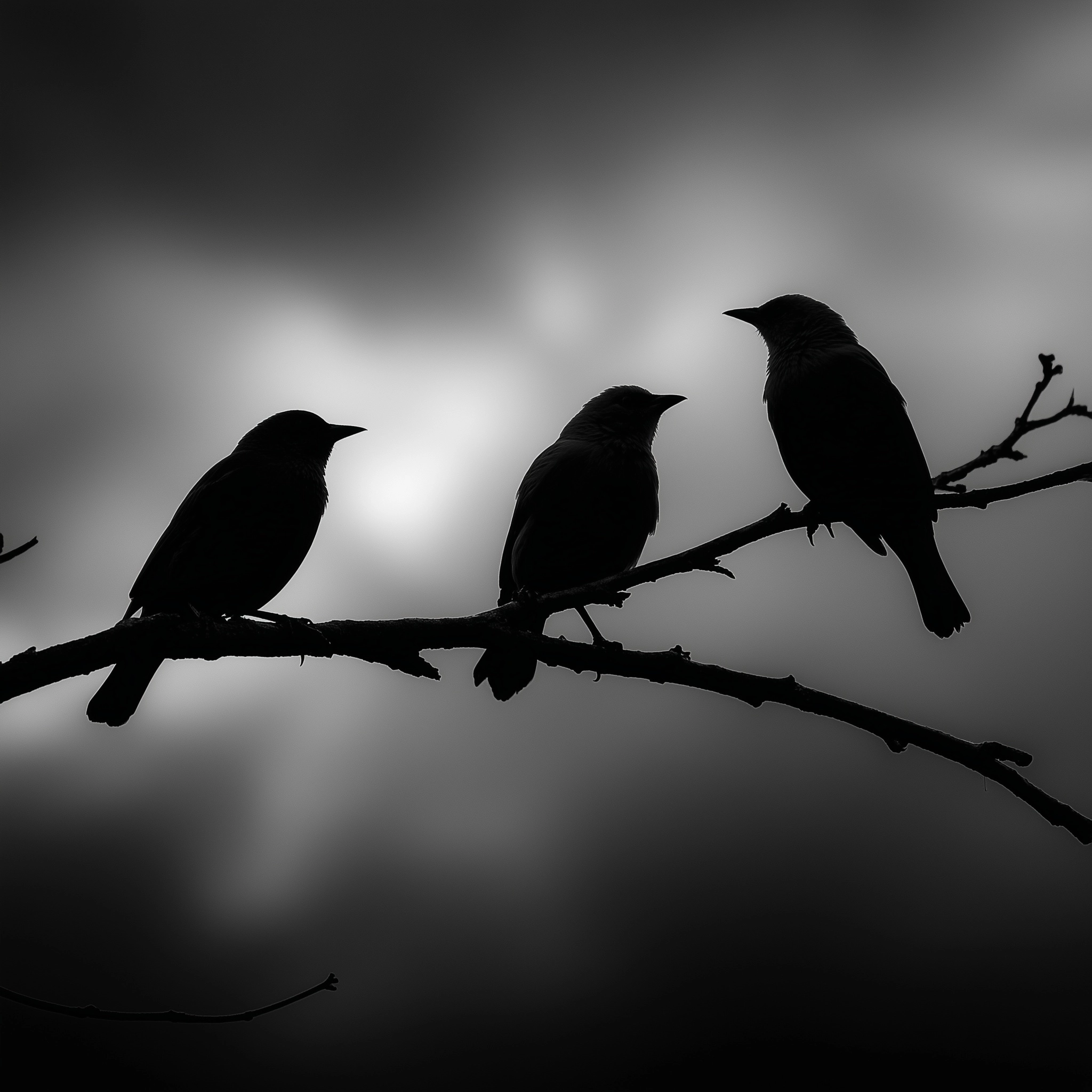 Three birds perched on the branch, silhouetted against a cloudy sky, monochrome, high contrast