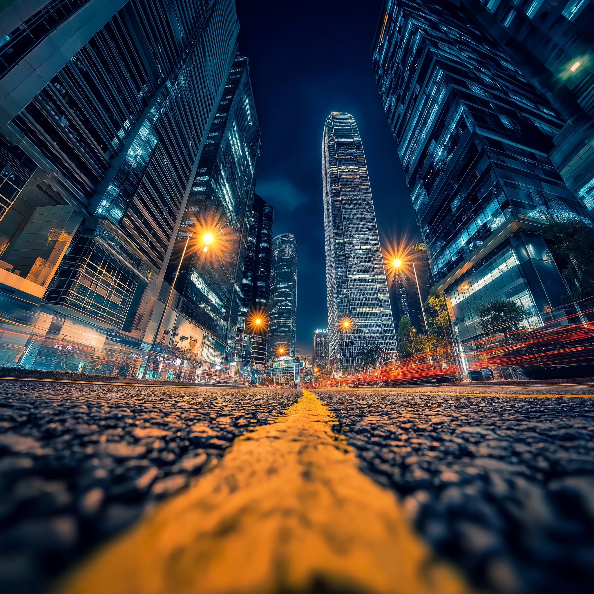 Urban CityScape at night with tall buildings camera showing street level