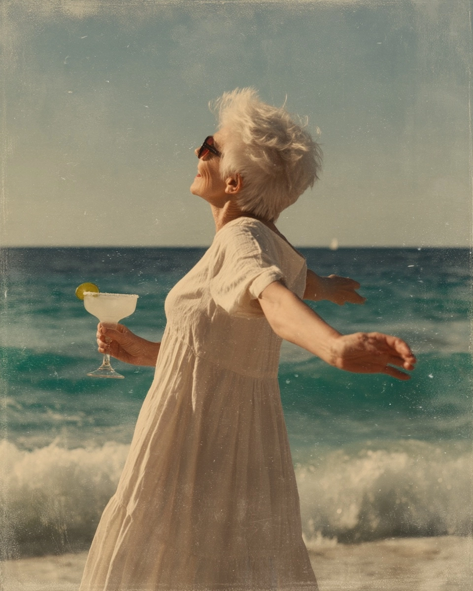 Vintage style photo of an attractive older woman dancing on the beach in a dress. She's holding a ma