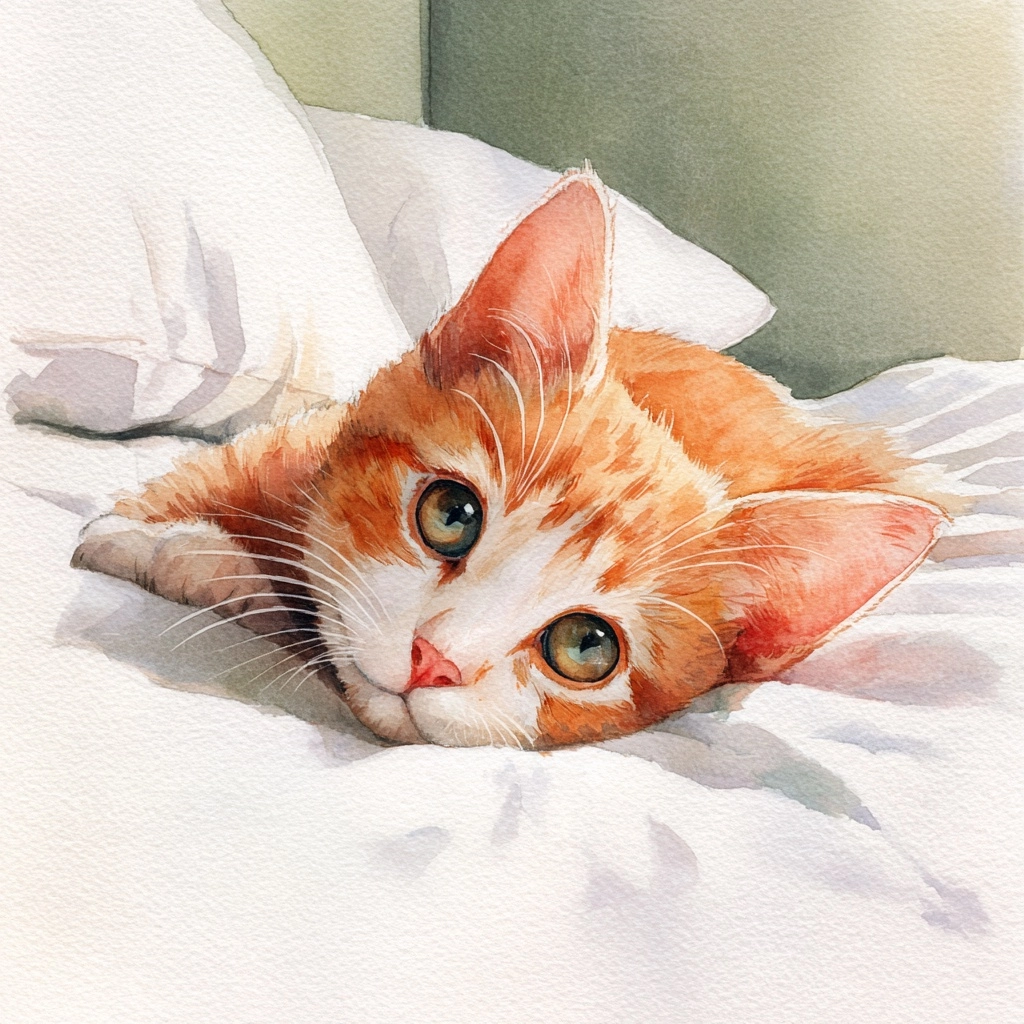 Watercolor painting, cute orange kitten on bed, soft watercolor washes, pastel tones