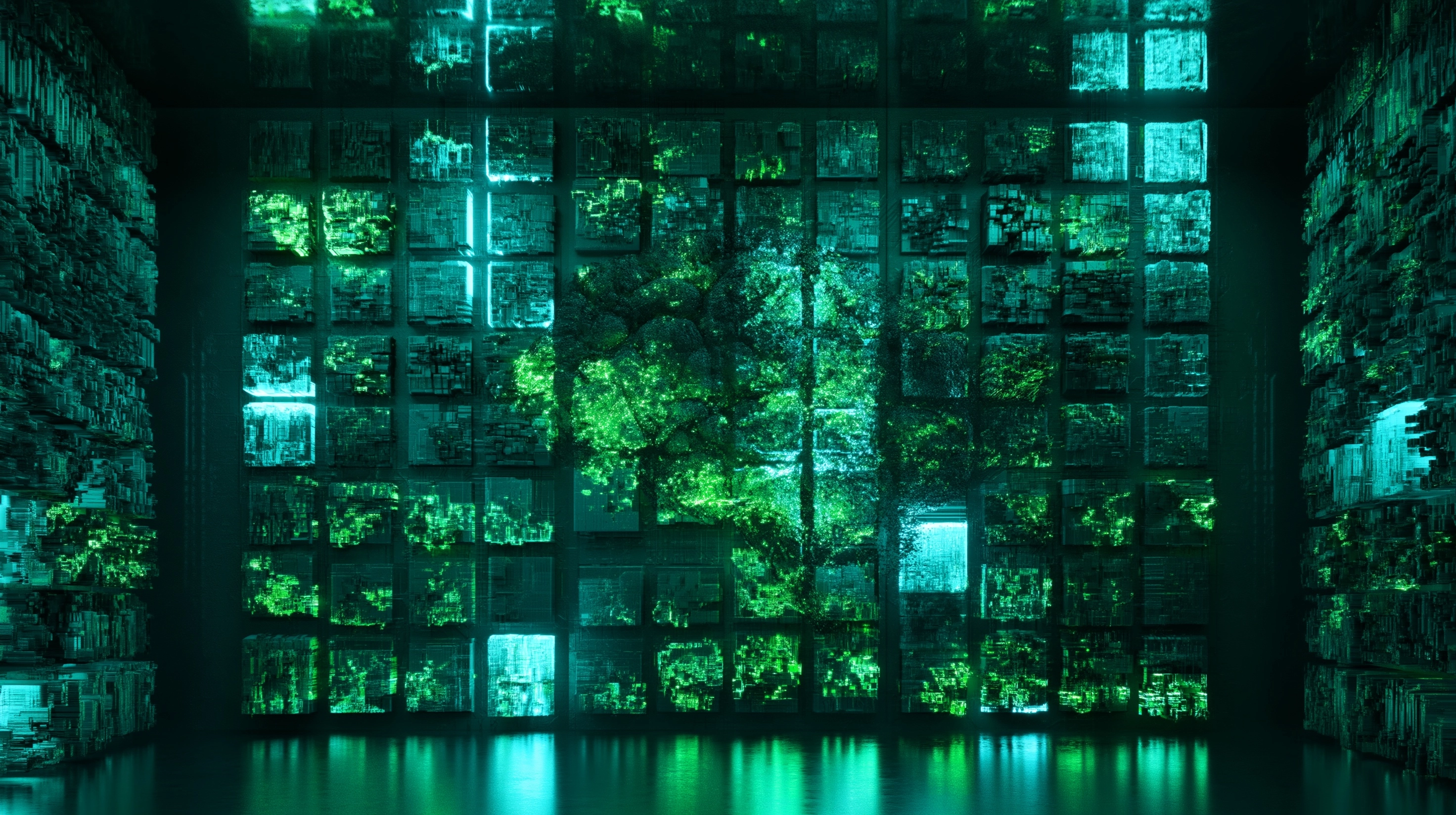 Futuristic AI memory vault, abstract brain silhouette dissolving into a grid of glowing #09b593 gree