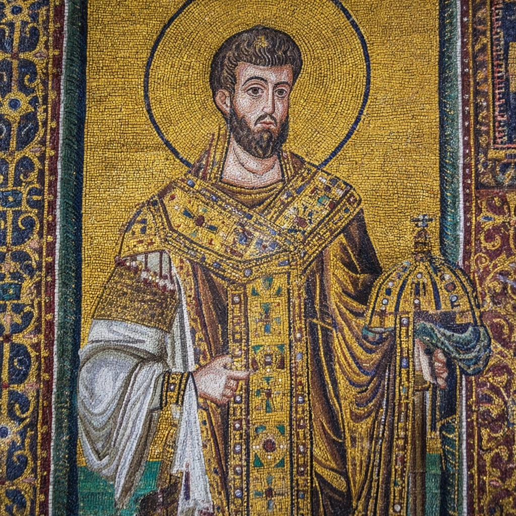 A byzantine emperor wearing the imperial loros and holding the imperial regalia