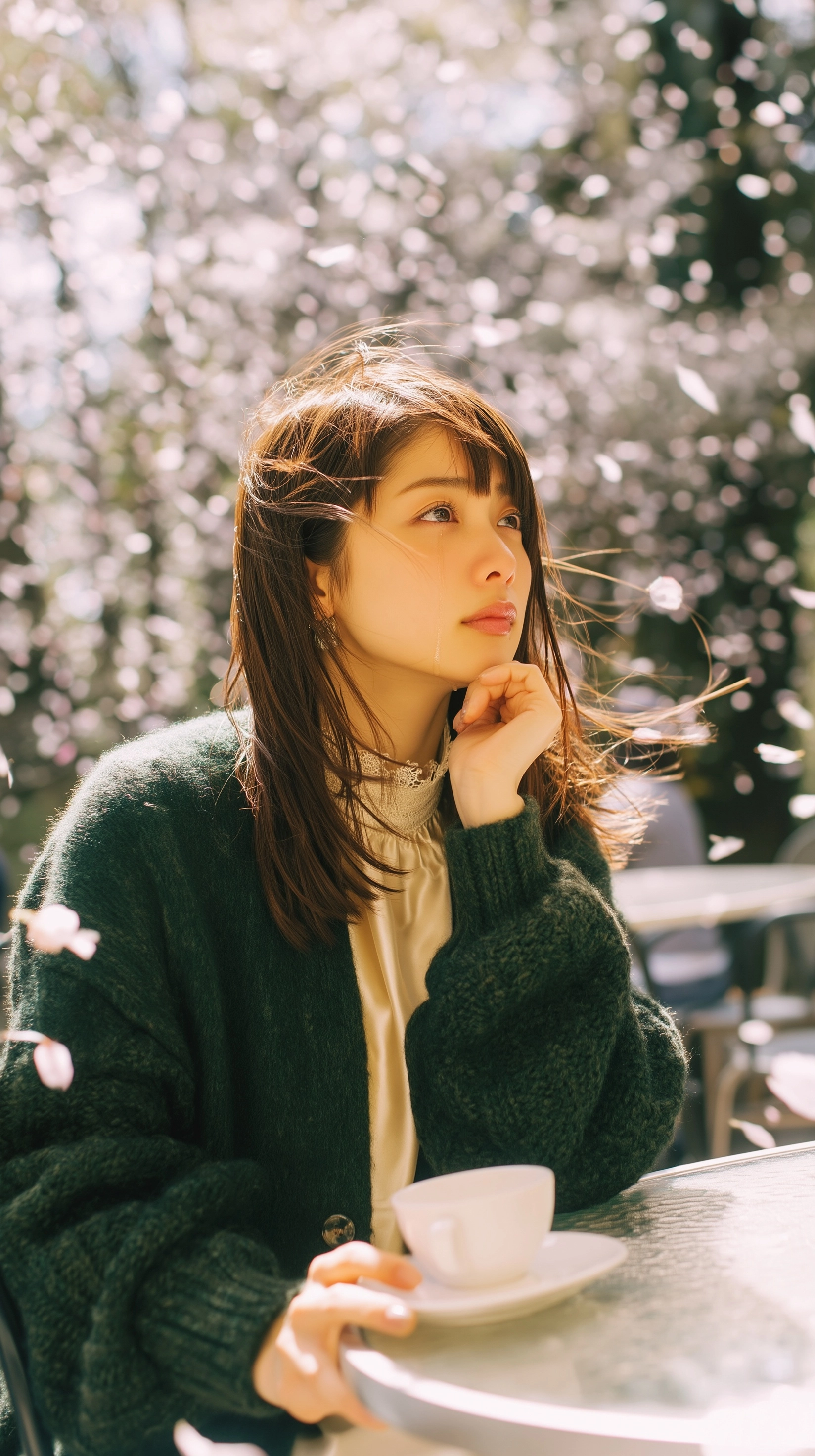 Japanese beauty female,Satomi Ishihara,  21 years old, middle shot, seated at an outdoor terrace café table