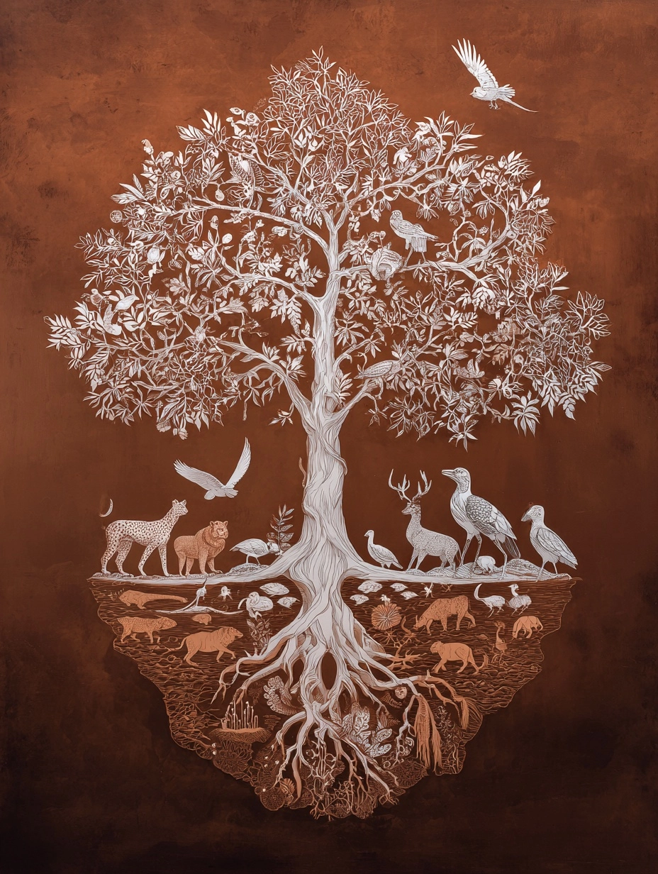 A white laser-cut yoga tree of life with roots on a brown background