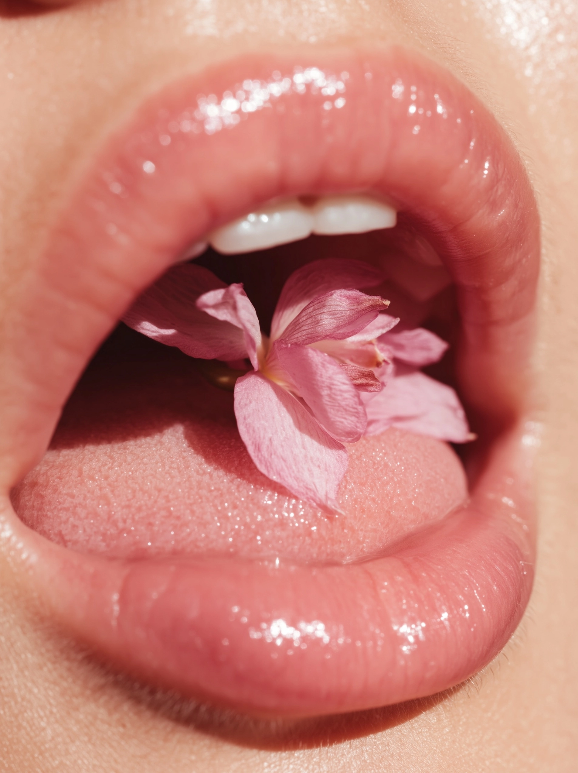 Macro photo of a pink orchid flower lying in the back of the mouth on the girl's tongue. the flower