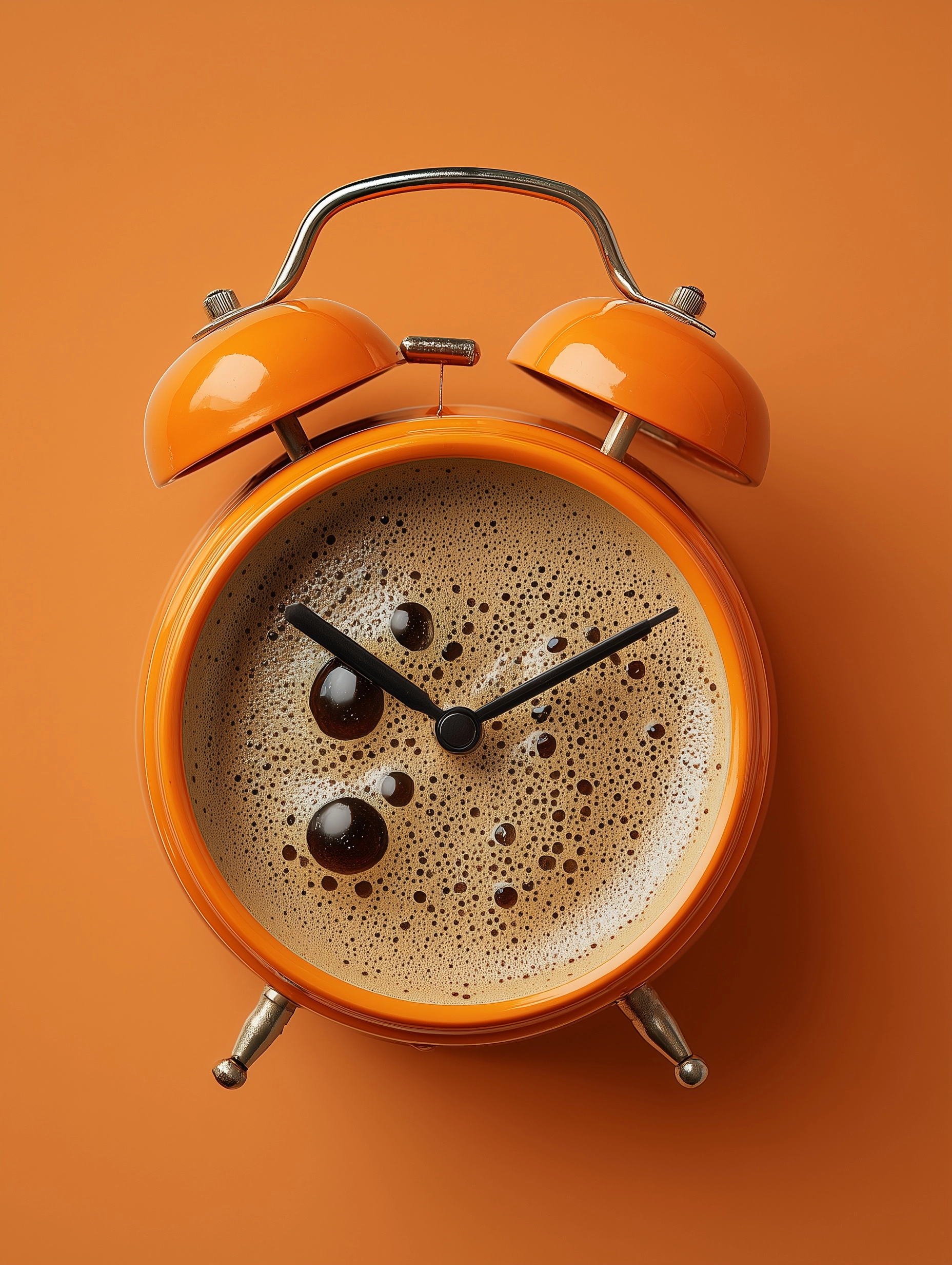 A alarm clock, frontview, deep orange, instead of its face we have coffee foam