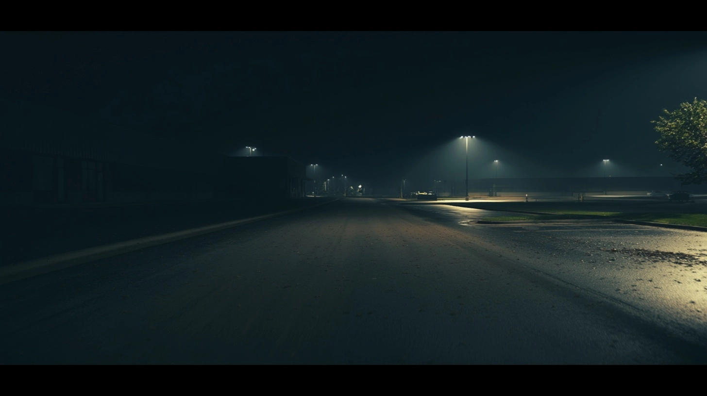 Cinematic wide establishing shot of a quiet suburban industrial narrow street at night
