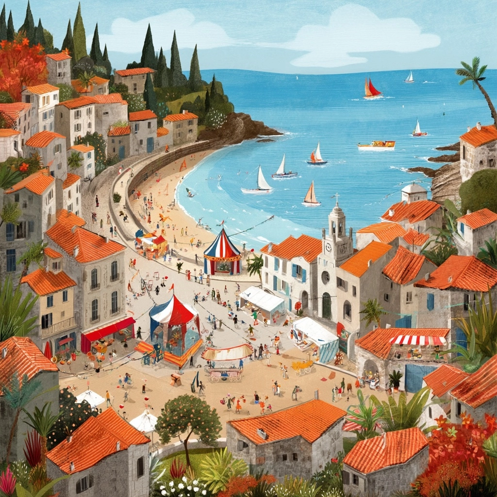 A 3D view of a whimsical festival in small town facing the ocean, Jean-Pierre Weill style