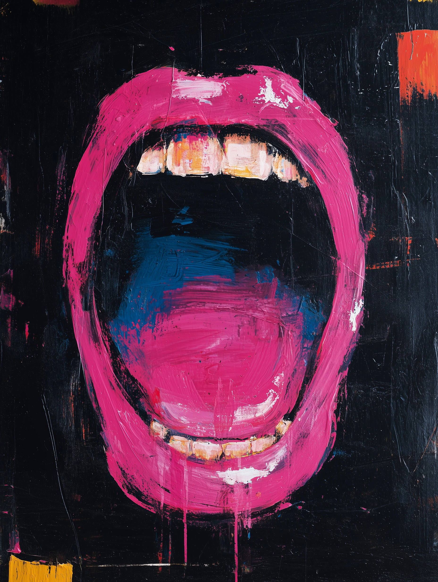 Single open mouth symbol painted with brutal gestural strokes