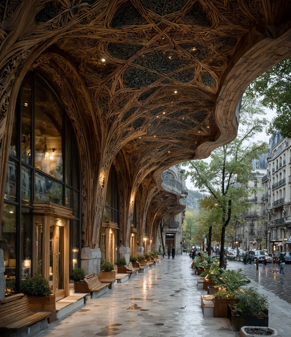 A photograph of the entrance to an art deco-style building with fluid lines and intricate details. t