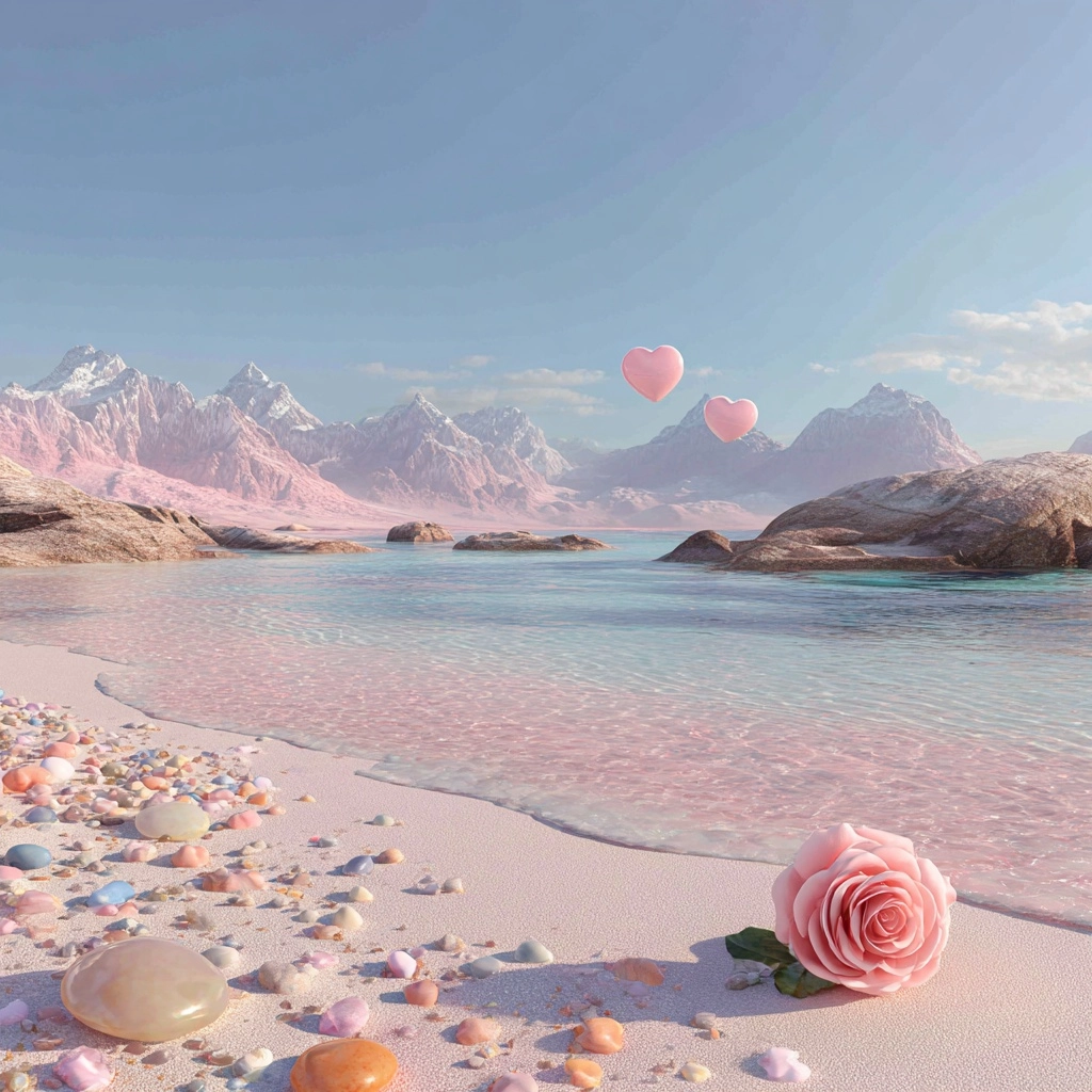 A pink sand beach with pastel colored smoothe pebbles on the beach; pink mountains in the background