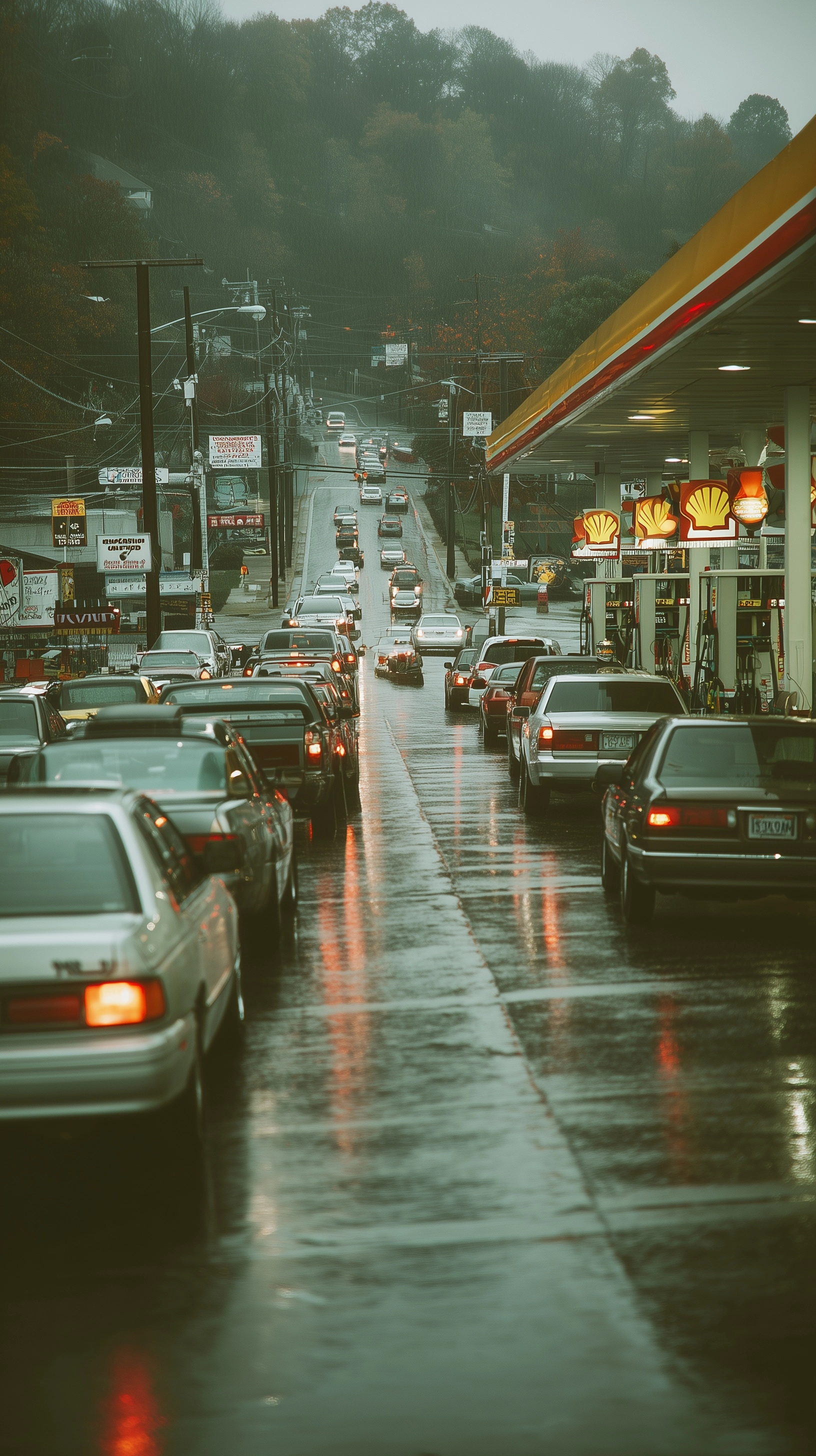 Gas station with long line up of cars waiting