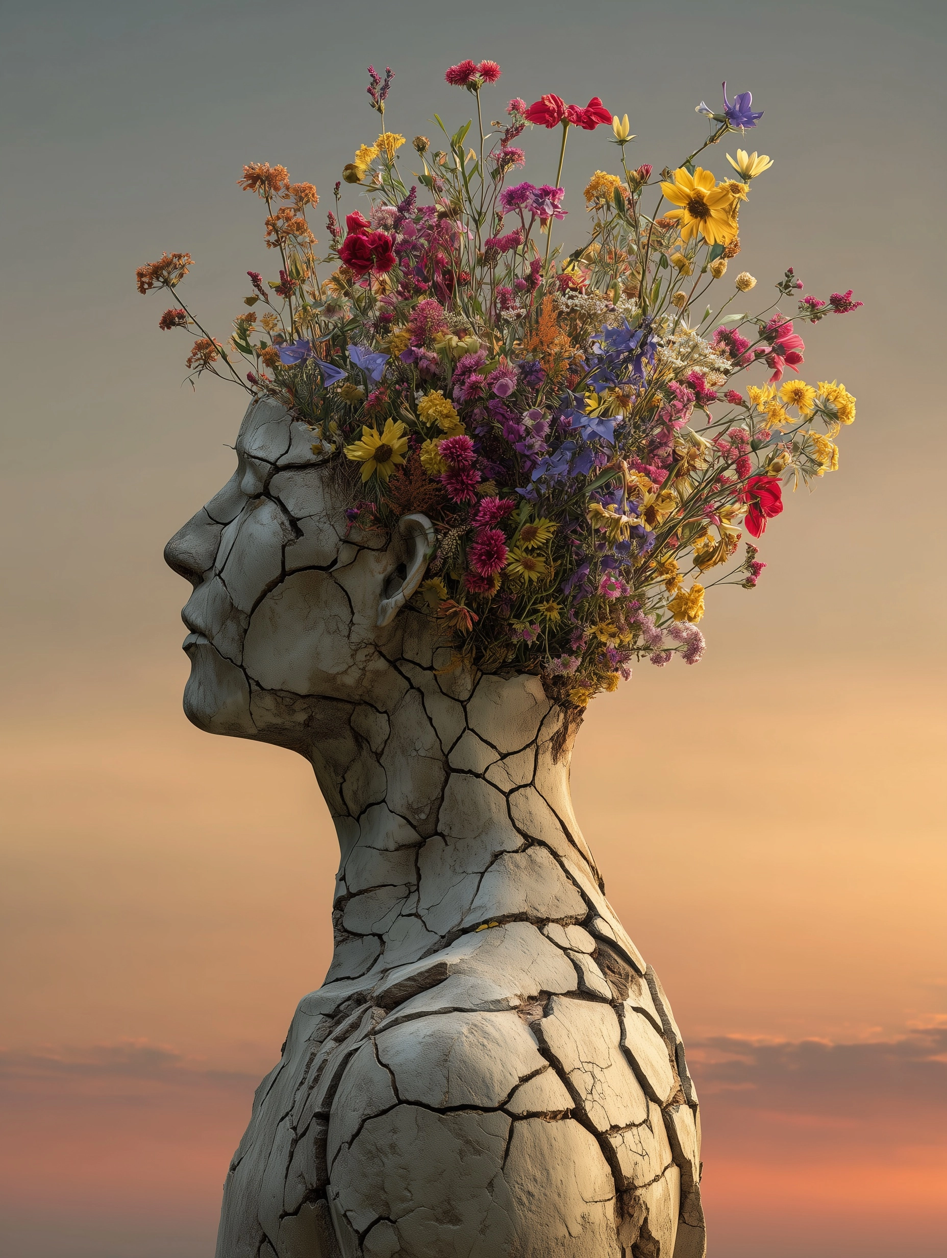 A realistic stone sculpture of a human bust (head, neck, and upper torso) in profile