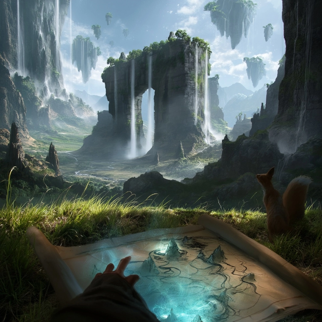 Foreground: shoulder of cloaked traveler, glowing map held close to camera, ink rivers shifting