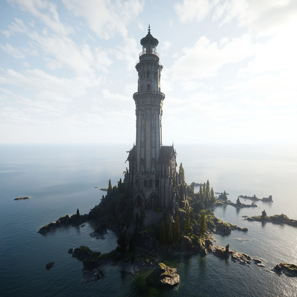 A massive Wizards tower with a light house top on an island hundreds of feet high