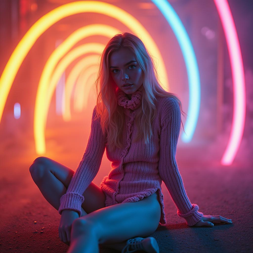 Mysterious Neon Knitter in a Rainbow Realm