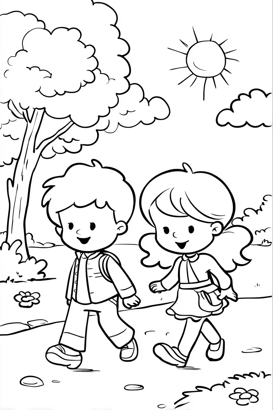 A simple drawing of park on sunny day, boy and girl can be seen playing, sun in sky, illustration