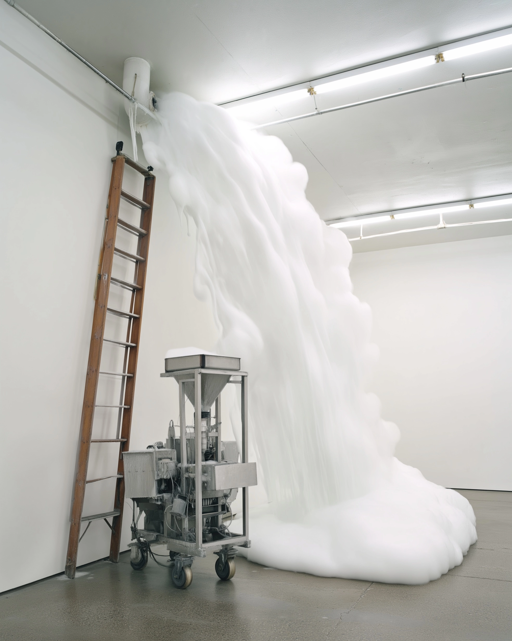 Image depicts a contemporary art installation in an industrial-style gallery space with concrete flo